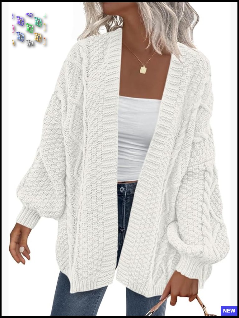 Oversized Open Front Cable Knit Cardigan Chunky Lantern Sleeve
